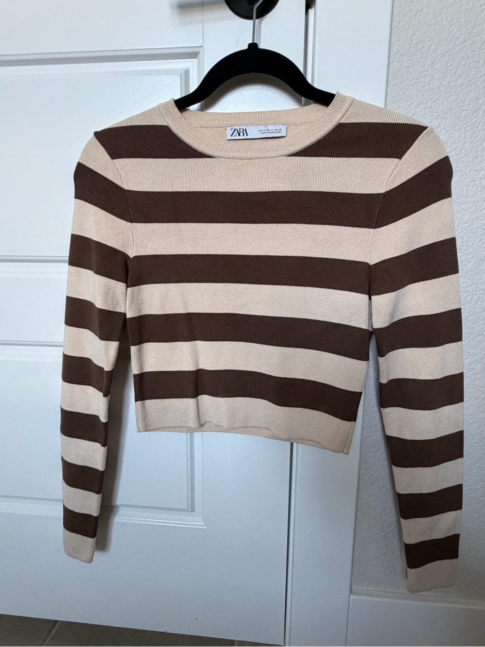 Zara Brown and Cream Striped Long Sleeve Knit Top